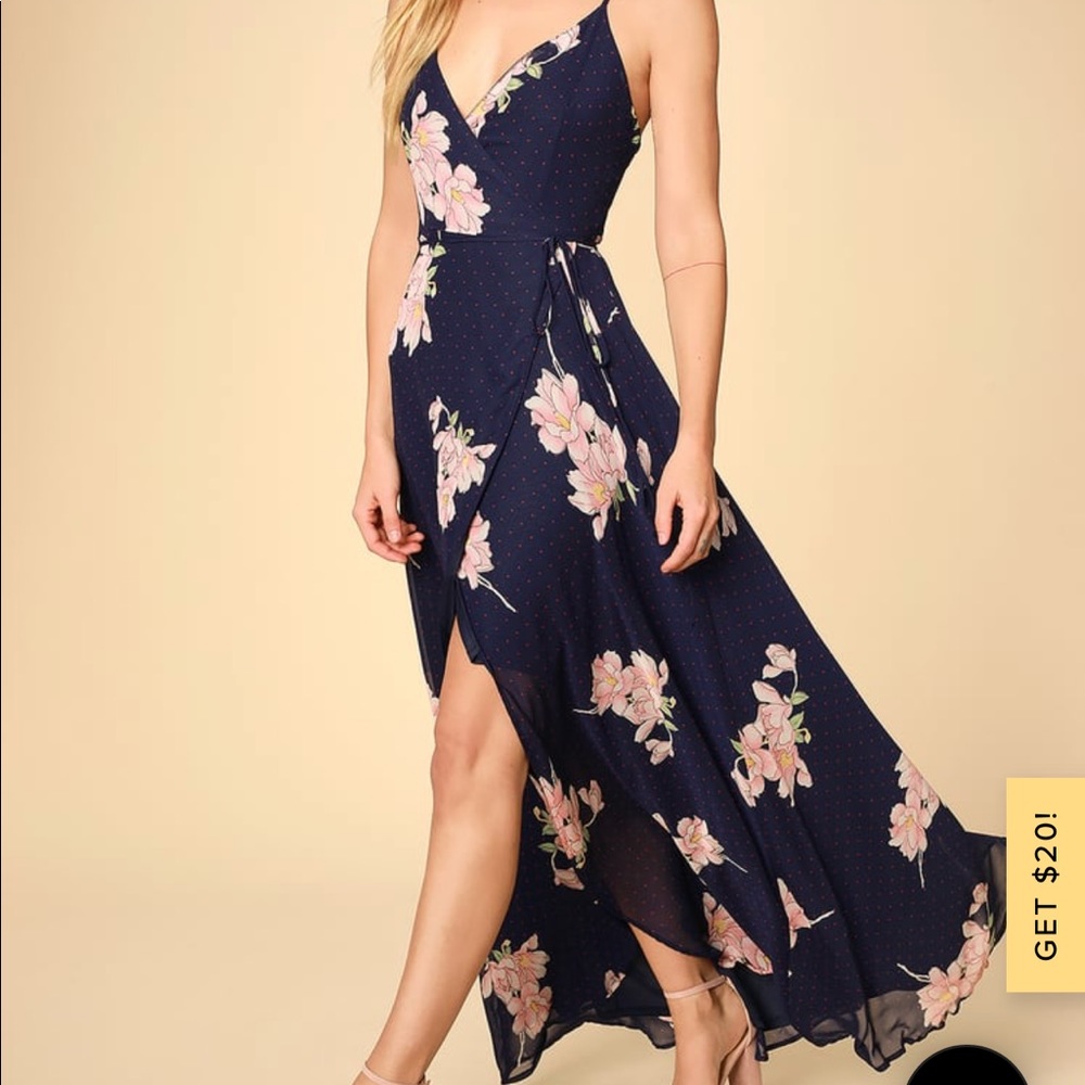 Navy Blue Floral Print Polka Dot Wrap Dress